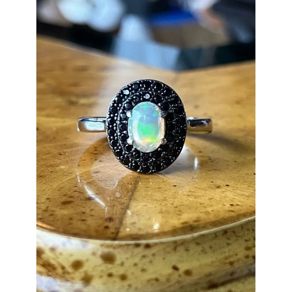 Natural Ethiopian Opal Black Spinel Sterling Silver Ring Size 6.75